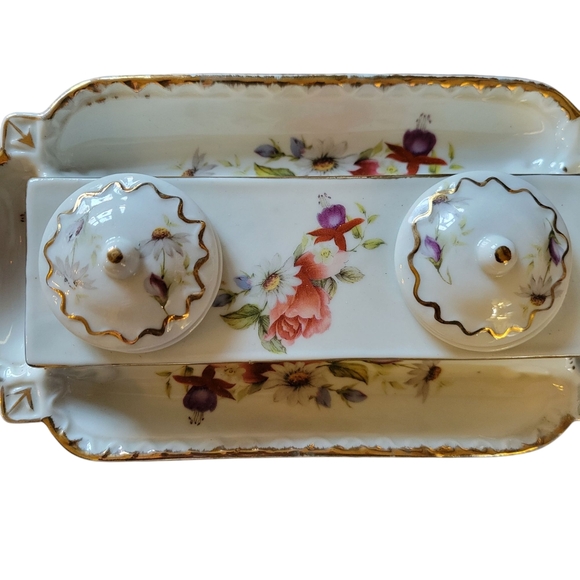 Vintage Limoge China Floral Porcelain Double Ink Well - Picture 3 of 12